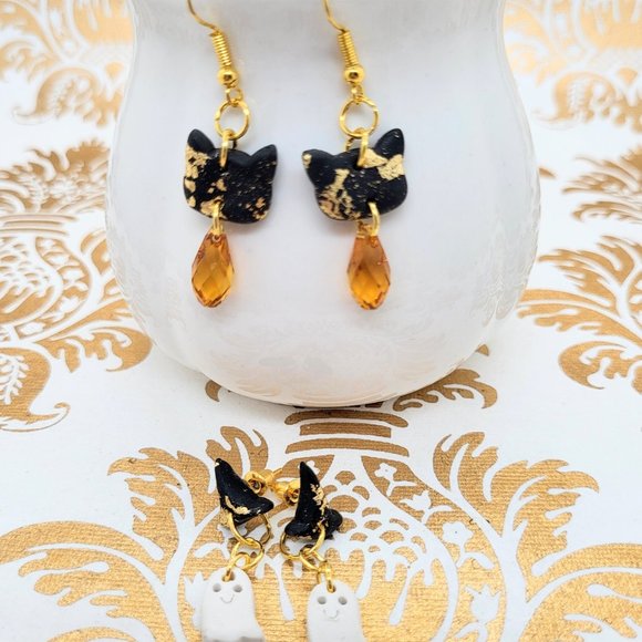 Set of 2 Halloween black cat ghost hat gold orange Swarovski crystal earrings - Picture 6 of 9